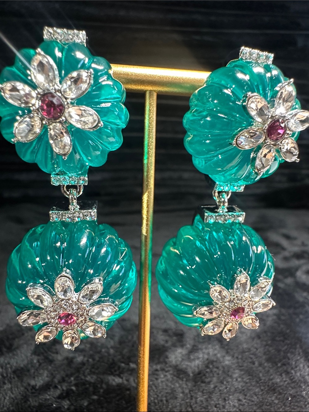 Kirks Folly Teal Double Drop Floral Earrings with Pink Centers